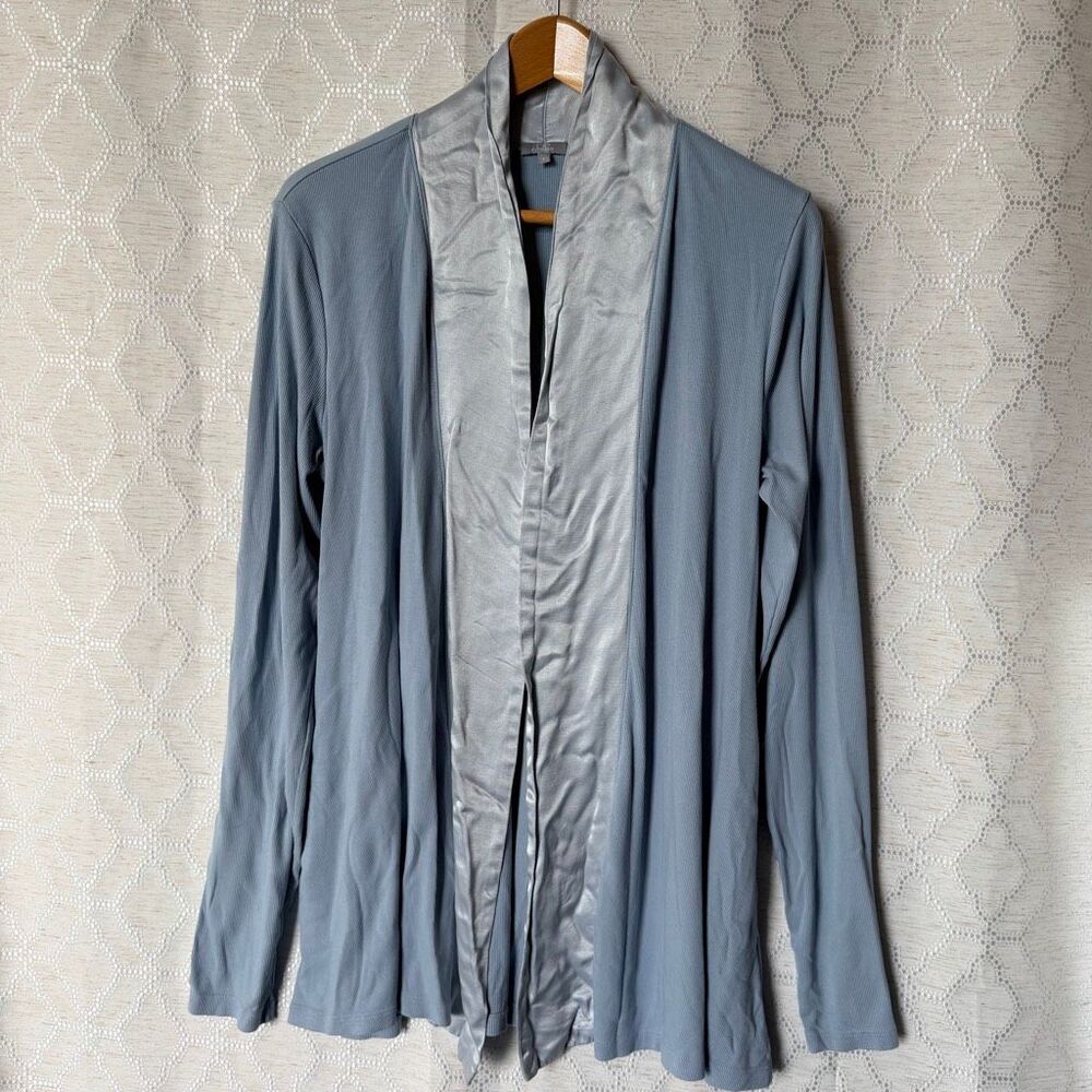 PJ Harlow L Blue Knit Long Sleeve Robe Pajama Cardigan Satin Trim Luxury Resort